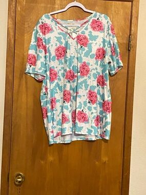 Floral V-Neck Short Sleeve Blouse - Pink & Aqua